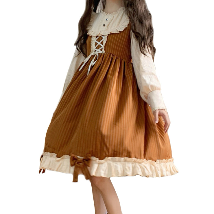 Two-Piece Striped Long Sleeve Bowknot Layered Midi Dress with Lace Trim and Ruffle Hem